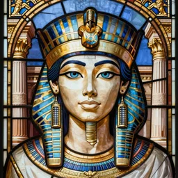 Cleopatra meets Julius Caesar, stained glass portrait in glorious Egyptian temple, symmetrical face, beautiful eyes, fine art, art nouveau masterpiece, art deco, semi realistic anime, museum quality work, cel shaded, art style of John Collier, Moebius, Studio Ghibli, Erte, García Benito, hyperrealistic, detailed, cinematic, widescreen, 4K