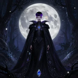 background is moon many light effects, particle, lights, gems, symmetrical centered portrait dark witch, large cloak, fantasy forest landscape, dragon scales, fantasy magic, undercut hairstyle, short purple black fade hair, dark light night, intricate, elegant, sharp focus, digital painting, concept art, matte, art by wlop and artgerm and greg rutkowski and alphonse mucha, masterpiece