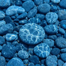 macro photography of underwater large blue pebbles with ripples of sunlight,realistic, 4k