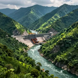 large construction of a dam on a mountain river, lush green, artstation