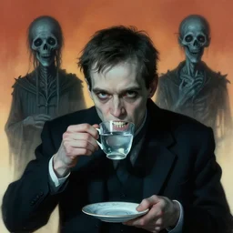 potrait of a guy that has crooked teeth, a weird accent, and drinks hot water, scene of guy drinking tea, by zdzislaw beksinski, by dariusz zawadzki, by wayne barlowe, gothic, surrealism, cosmic horror, lovecraftian, cold hue's, warm tone gradient background, concept art, beautiful composition