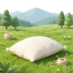 a meadow where grass is pillows, mountains in the background are twine, trees are knitting needles and wool, rivers are blue threads, an award winning artwork, realistic, beautiful, high quality, professional, raytracing effects