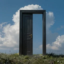 dark portal shaped as a door open mid air air, a blue sky in the background, full of puffy clouds, grass below, matte painting, artstation trending