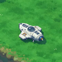 a small spaceship that needs repaired, on a grass field, cyberpunk setting, from a point and click 2 d graphic adventure game, set design inspired [ [ [ slightly ] ] ] by ( ( ( hg giger ) ) ) and tomb raider, art inspired by [ [ [ [ thomas kinkade ] ] ] ] and mark keathley