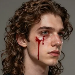 young man with long curly brown hair and blood dripping down his face , face, detailed, intricate, elegant, highly detailed, digital painting, artstation, concept art, smooth, sharp focus, illustration, art by Krenz Cushart and Artem Demura and alphonse mucha