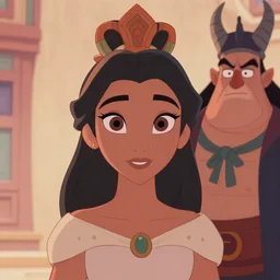 Aztec Disney princess meets the villian by Glen Keane, Disney 2D Traditional Animation, Semi Realistic Anime, symmetrical face, beautiful eyes, Disney Renaissance film, Cel Shaded, cinematic, widescreen, 4K