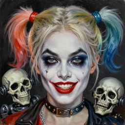 close up face of a extremely beautiful face, portrait, masterpiece, oil on canvas, death and robots, harley quinn, artgerm, norman rockwell, craig mulins, trending on pxiv,