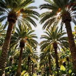 Beautiful magical palm fabulous trees frame. palm Forest landscape, sun rays illuminate the leaves and branches of trees. Magical summer palm forest, trending on artstation, 50mm, by Noah Bradley