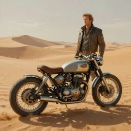 moebius and ralph mcquarrie style retro motorbike motorcycle futuristic sci - fi painting, dune, the incal, googie
