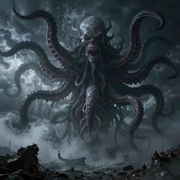 imense tentacles hanging from the sky, hp lovecraft, cthulhu emerging from a violent storm, untold horror and nightmarish night, fog, photographic hyper real, octane render