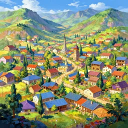 colorful Kurdish village, anime, a fantasy digital painting by Greg Rutkowski and James Gurney, trending on Artstation, highly detailed