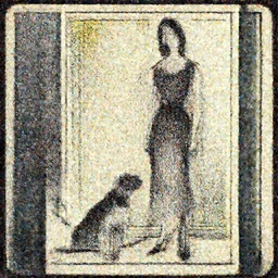 a drawing of a woman standing next to a dog by James Jean, deviantart, modern european ink painting, tarot card, mixed media, calotype