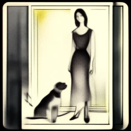 a drawing of a woman standing next to a dog by James Jean, deviantart, modern european ink painting, tarot card, mixed media, calotype