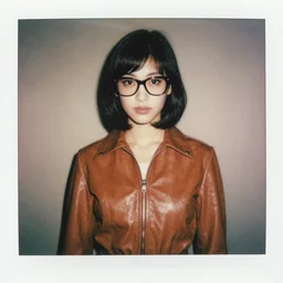 polaroid, youthful asian demure, exquisite features, feminine cut, 1 9 7 0's frontiers in flight leather suit, ray - ban wrap around glasses, terry richardson studio,