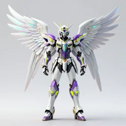 a photo of 8k hyper realistic, octane render archangel with white iridescent wings, full body, intricate purple and yellow neon armor, ornate, standing on front of huge megastructure red doors of heaven, with sword of fire, magical atmosphere, cinematic lighting, trending on artstation, 4k, hyperrealistic, focused, high details, unreal engine 5