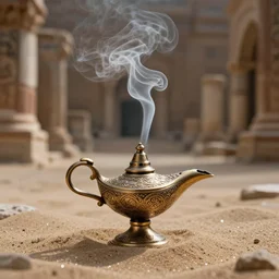 “Magic smoke swirling dramatically out of an ornate oil lamp in the sand, swirly smoke, surrounded by Byzantine ruins, air particles, glitter, cinematic, dramatic, rule of thirds, 50mm lens, bokeh”