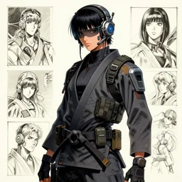Jujitsu Niki. Beautiful cyberpunk assassin wearing a cyberpunk headset and tactical gear. In style of moebius and laurie greasley