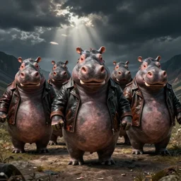 a biker gang of hippos with leather jackets, digital art