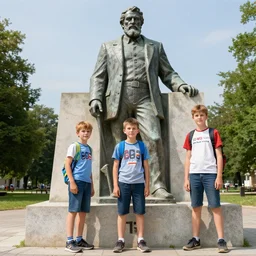 3 young boys next to the epic statue of andrej babis, painted as a game concept art - g - n 9