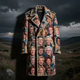a coat with norm macdonalds head all over it, by julius, apc, ann demeulemeester
