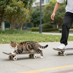 a cat pulling a man on a skateboard