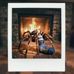 A Polaroid of a huntsman spider knitting a sock, sitting in front of a cozy fireplace