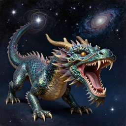 by greg rucka, by chris cunningham, by pierre - auguste renoir ultradetailed. a installation art of a dragon in space. the dragon is in the foreground with its mouth open rows of sharp teeth. coiled & ready to strike, its tail is wrapped around a star in the background. background is full of stars & galaxies.