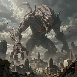 a highly detailed matte painting of a giant eldritch beast crushing a ruined fantasy city, by artgerm, by wlop, by greg rutkowski, volumetric lighting, octane render, 4 k resolution, trending on artstation, masterpiece
