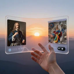sunrise atmospheric phenomena in translucent colloid neuomorphic interface, floating 3 d macos concept ui designed by jony ive and senior apple designers : a first - person 8 k view within a floating 3 d vr hand interface by jony ive, in the style of moebius, roger dean, intricate photograph in the style of caravaggio and james turrell