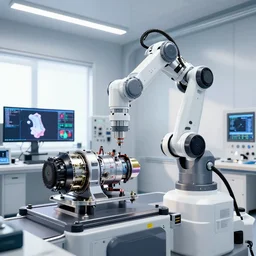 motors, a complex thick bifurcated robotic cnc surgical arm cybernetic symbiosis hybrid mri 3 d printer machine making in a biochem lab control panels, 4 k, large monitor screens, knobs, drone camera lens orbs, octane render, natural light in room, architectural, f 1 8, designed by ferrari,