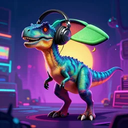 velociraptor wearing headphone, synthwave style