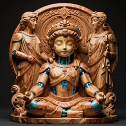 vibrant ultra clear wooden sculpture of beautiful cute cyborg roman god meditation position by sandra chevrier laurie greasley gustave dore ron english alphonse mucha, cybernetics, low contrast, cinematic dramatic lighting, hyper realistic detailed intricate render, hypermaximalist, ornate, epic composition, 4 k 8 k, cryengine octane blender, sharp focus, concept art, masterpiece of art