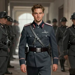 robert pattinson as ss standartenfuhrer, in german ww 2 hallway, extremely detailed, digital illustration, concept art, readability, smooth, sharp focus, art by brothers hildebrandt, and alex grey