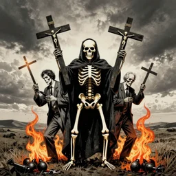 godless politicians skeleton holding catholic crosses, bombs, flames, stencil art by shag, tom whalen, artgerm, clean bold lines