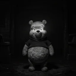 winnie the pooh standing creepily in the middke of a pitch black room with [ [ glowing eyes ] ], pitch black, light coming only from his eyes, creepy, dramatic lighting, black and white photograph