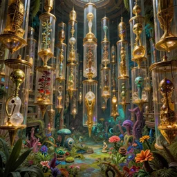 rustic yet enormous SCP (Secure, Contain, Protect) agency interior with infinite rows of giant iridescent alien artifacts suspended in cylindrical containers made of gold and quartz by Simon Stalenhag, Zdiszlaw Beksinski, with vivid palette by James Gurney, ancient enormous interior overgrown with alien plants and flowers, inspired by Control the game, mysterious, eeriewave, hyperdetailed, dramatic camera angle with focus on infinity, CGsociety, crisp octane render 8k, 4k, HDR, rtx on
