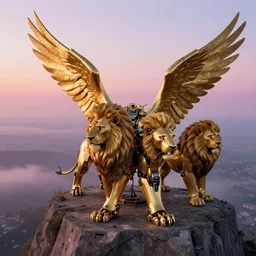 die welt von gestern, hyper complexity, highly detailed, cinematic lighting, drone view, pastel colored sunrise, robotic lions with gold metal wings, hyperrealistic, trending on pixiv fanbox,