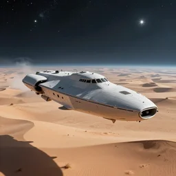A smooth grey starship is flying above a desert planet with stars in the background.