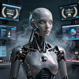 a Portrait of a cyborg, cyberpunk, surrounded by smoke, award-winning art, highly creative, hyperrealistic, highly-detailed, by Sam Spratt, by Vlad Rodriguez, computer screens in the background, trending on Artstation, dark, dramatic, cinematic, realistic studio lighting, realistic reflections, 4k, professional, canon