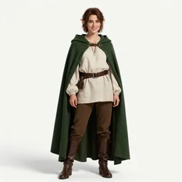 a beautiful woman, high cheek bones, half smile, mischievous, bard, brown hair, messy hairstyle, short hair, cream colored peasant shirt, brown pants, leather boots, dark green cloak, round hood, elf ears, youthful, white background, proportionate, by Tony Sart, trending on artstation, realistic, highly detailed, masterpiece