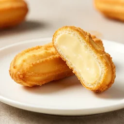 dslr food photograph of deep fried twinkie cut in half, 8 5 mm f 1. 8