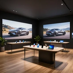 transportation design sketch, automotiv design,!!!!! ( ( ( ( ( serious grounded balanced muted flagship samsung store, black walls. timber floor. low ceilings with spots. curved furniture, with large digital screen. display tables with phones and tablets, pots with plants, large digital screens on the walls ) ) ) ) )