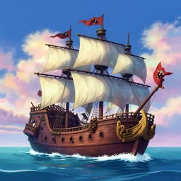 a large pirate ship floating on top of a body of water, pirates flag, cgsociety, fantasy art, 2 d game art, concept art, heavenly lighting, retrowave, behance hd, concept art by jesper ejsing, by rhads, makoto shinkai cyril rolando, madgwick