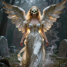 victorian archangel, occult bones, mask, woman walking, demigod daughter, swirling smoke, graveyard background, pneuma