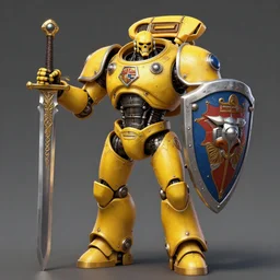 human-sized strong intricate yellow pit droid carrying very detailed perfect antique great sword and beautiful large paladin shield, pancake short large head, exposed metal bones, painterly humanoid mecha, by Greg Rutkowski