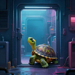 A cyberpunk shed with a turtle sitting by the door