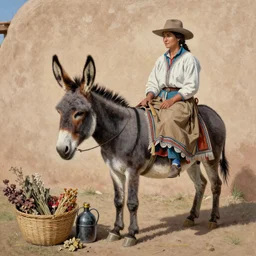 woman with donkey in Taos, New Mexico, dried herbs, basket, canteen, Dutch masters, dynamic lighting, exquisite painting, incredible detail