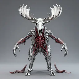 stylized shiny polished silver statue full body extra limbs bizarre cosmic horror quadruped animal moose deer skull four legs made of slug creature tendrils, perfect symmetrical body, perfect symmetrical face, hyper realistic, hyper detailed, by johannen voss, by michelangelo, octane render, blender, 8 k, displayed in studio room anatomical deep red arteries veins flesh dripping