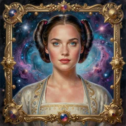 a beautiful painting of a ornate highly detailed natalie portman as princess leia, nebulas in the background