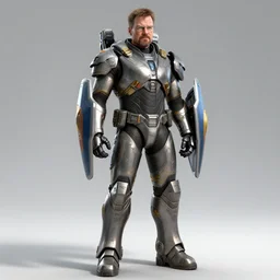 Full body render of Walter White in futuristic battle armor with shields, 4k octane render, highly detailed